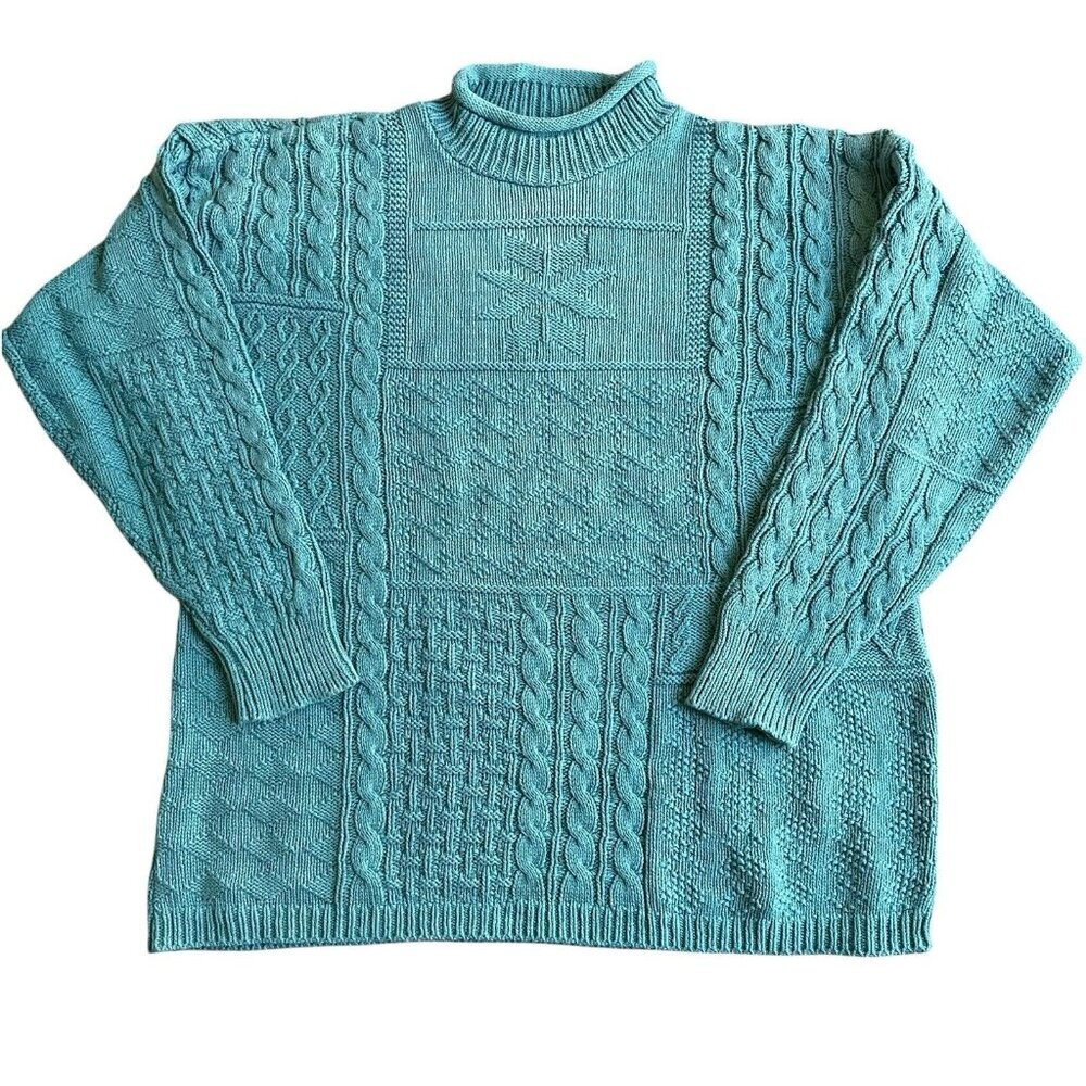Van Heusen For Her Women Sweater M Teal Vintage Cable Knit Patchwork Grandmacore